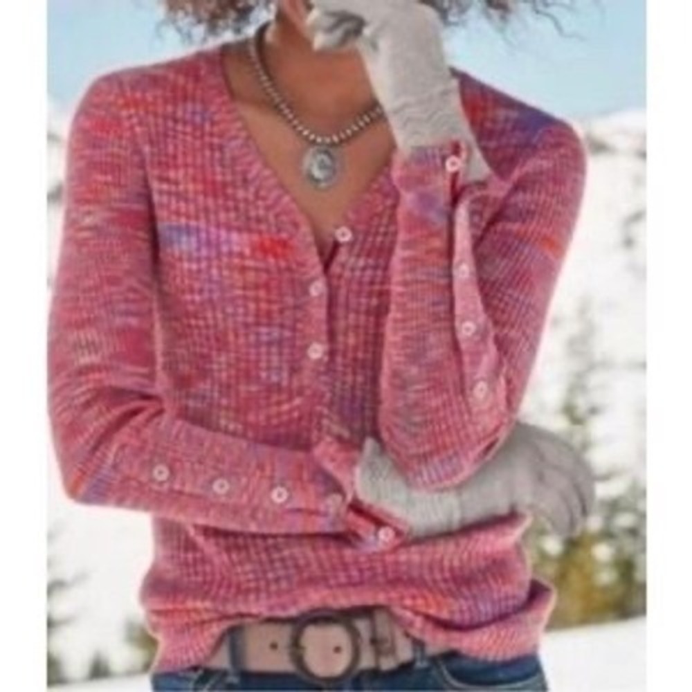 Sundance Henley Top Women L Pink Space Dye Ribbed Knit Button Cuff V-Neck‎